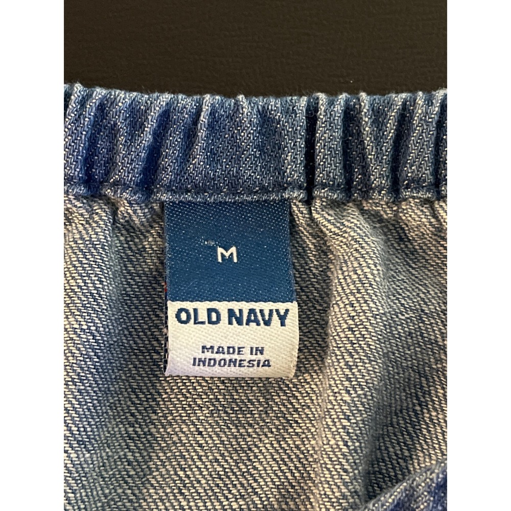 Old Navy Tiered Blue Denim Blouse Medium Puff Sleeve Babydoll Cottagecore - Picture 7 of 9